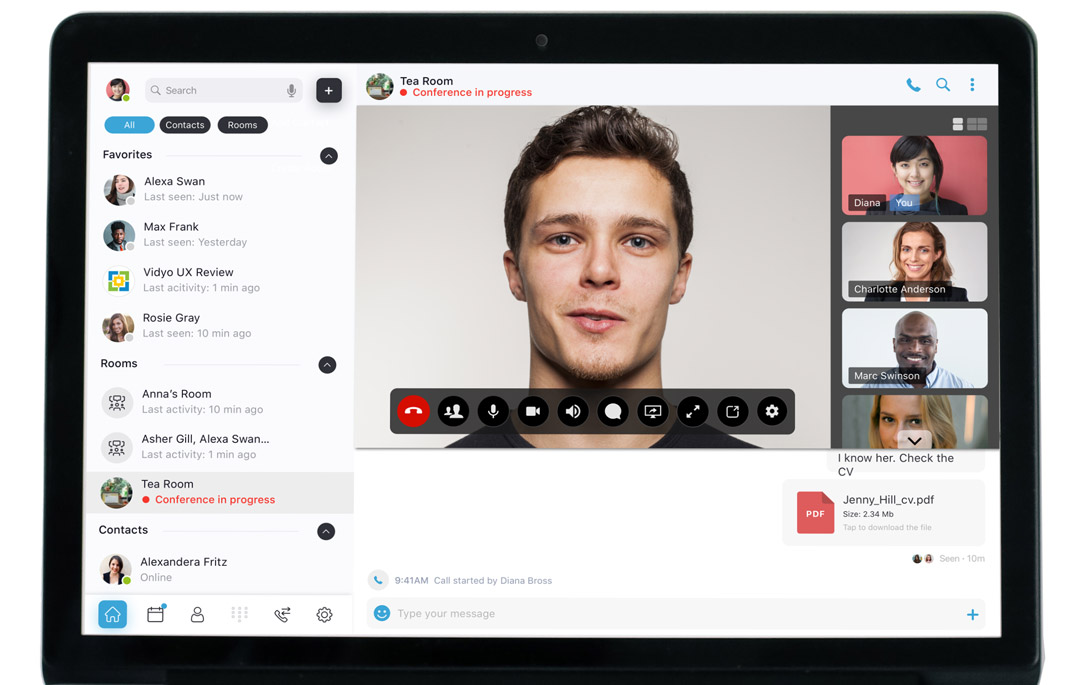 Team communication app with video and chat messaging