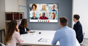 Team in an office on a video call